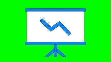 green screen animation icon, presentation stand, with descending chart. cartoon, flat color blue video