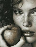 A woman with curly hair holds a fresh apple close to her face in a soft focus setting, emphasizing her expressive features and freckles photo