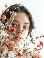 A young woman surrounded by colorful flowers, captured in soft light in a serene indoor setting photo