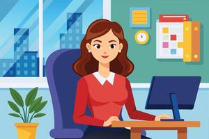 Professional woman working on a computer in a bright office environment with city views during daytime vector