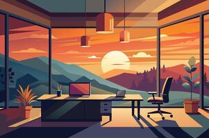 A modern office space with a stunning sunset view over mountain ranges, featuring a desk, computer, and plants in warm evening light vector