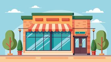 Colorful storefront with large windows and striped awning, surrounded by trees in a sunny, cheerful neighborhood setting vector