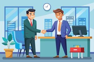 Two professionals shaking hands in a bright office setting during the day, establishing a new business partnership vector