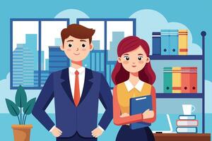 Two professionals standing confidently in a modern office environment with city views and bookshelves filled with colorful folders vector