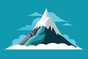 A majestic mountain peak rises above fluffy clouds under a bright blue sky with a hint of snow covering the summit in a serene landscape vector