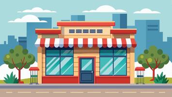 A colorful storefront with striped awning and large windows situated in an urban landscape under a clear blue sky during daytime vector