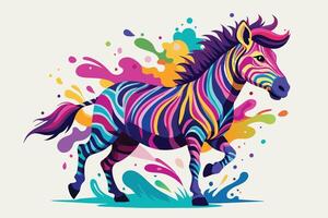 Colorful zebra gallops through splashes of paint in a vibrant artistic display full of energy and creativity vector