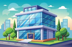 Modern office building with large glass windows surrounded by green trees in a vibrant urban setting during the day vector