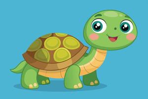 Happy cartoon turtle with big eyes on a bright blue background, showcasing cheerful facial expression and friendly demeanor vector