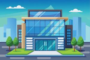 Modern architectural building with large glass windows and green landscaping in a city environment during daytime vector
