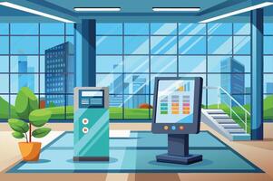 Modern waiting area with touch screen kiosk and information display in a bright urban office space during daylight hours vector
