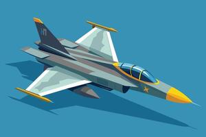 A colorful jet fighter flies high against a bright blue background, showcasing its sleek design and detailed features during a daytime aerial display vector