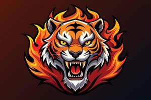 Fierce tiger head surrounded by flames showcasing its intense gaze and powerful demeanor in a bold, artistic design vector