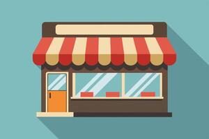 A colorful storefront with a striped awning and large windows showcasing inviting tables and chairs in a sunny urban setting vector
