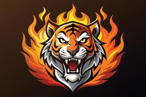 Fierce tiger with flames in a dynamic illustration showcasing strength and power against a dark background vector