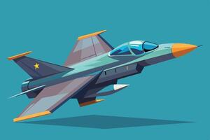 A colorful jet fighter soaring through a clear blue sky, showcasing its distinct design and powerful presence during a bright day vector