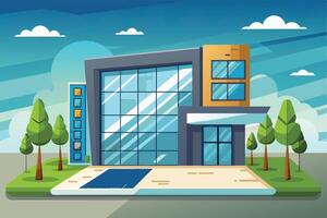 Modern architectural design of a glass building with landscaped surroundings and swimming pool under a cloudy sky vector