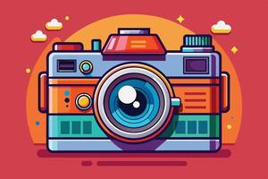 A colorful vintage camera illustration with geometric designs set against a vibrant background of clouds and sun vector