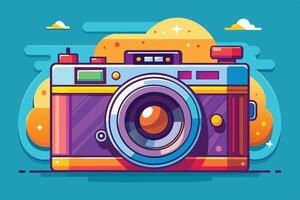 Colorful retro camera surrounded by bright clouds and dynamic background elements in a vibrant digital illustration vector