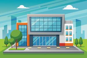 Modern architectural building design featuring large glass windows and vibrant landscaping on a sunny day in an urban setting vector