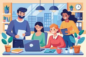 Team collaboration in a bright office environment with diverse colleagues brainstorming and working together on a project during daytime vector
