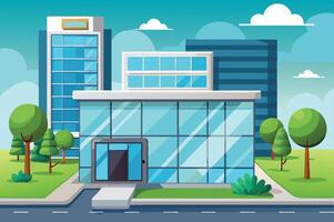 Modern office buildings surrounded by greenery on a bright day in a bustling urban area with clear skies and inviting architecture vector