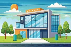 Modern office building design surrounded by greenery on a sunny day with a clear blue sky and colorful clouds vector