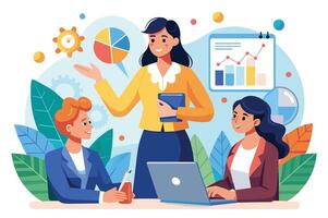 A professional team meeting in a vibrant office setting focusing on growth strategies and data presentation with charts and graphs vector