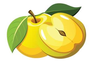 Two ripe yellow apples with green leaves illustrated in a bright and colorful style on a white background vector