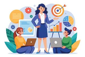 A businesswoman presenting strategies while two team members analyze data on laptops in a creative workspace vector