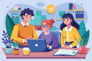 A group of three young professionals engaged in a collaborative work session at a desk with a laptop in a modern office environment vector