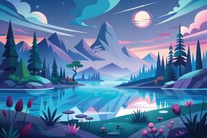 A serene twilight landscape with mountains, a calm lake, and colorful flora under a glowing moon and vibrant sky vector