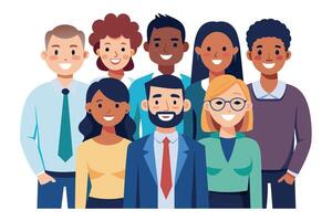 Diverse group of professionals posing together in a friendly manner, showcasing teamwork and collaboration in a modern office setting vector