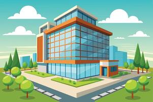 A modern office building with large glass windows and green landscaping in an urban setting during a sunny day vector