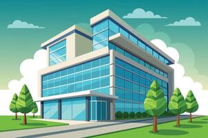 Modern office building surrounded by trees with a clear blue sky during the day vector