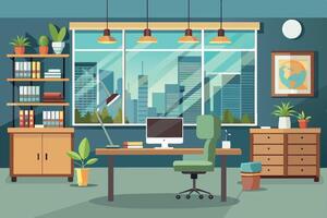 Modern workspace with large windows and city view, featuring plants, desk, and comfortable chair in a bright office environment vector