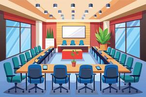 Modern conference room with large windows, green plants, and a central table designed for meetings and collaboration during daylight hours vector