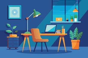 A cozy workspace featuring a desk with a laptop, plants, and a desk lamp in a modern interior design setting vector