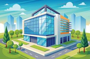 Modern office building surrounded by trees and skyscrapers in a bright urban setting at daytime vector