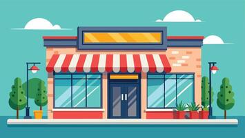 A colorful storefront with a striped awning and decorative plants on a sunny day in a vibrant urban environment vector