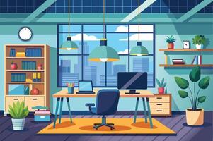 Modern office workspace with a desk, computer, and plants, situated in a city building overlooking a skyline during daytime vector