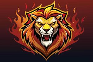 A fierce lion's head with flames surrounding it, showcasing power and intensity in vibrant colors and a modern design vector