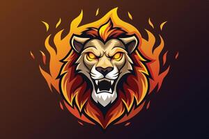 Fierce lion head surrounded by flames in a dynamic, stylized design inspired by wild animals and nature themes vector