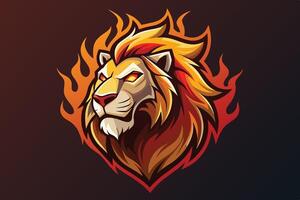 Fierce lion head illustration with fiery mane on a dark background showcasing strength and power in an artistic design vector