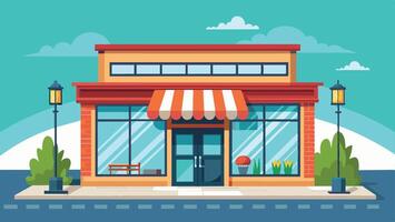 A colorful storefront with a striped awning and greenery located on a sunny street with lampposts and vibrant landscaping vector