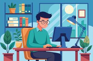 A young man working on a computer at a desk in a bright, modern home office with plants and a view of city buildings in daylight vector