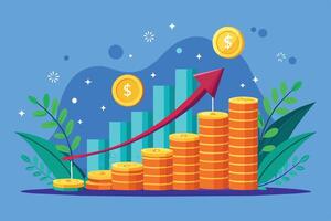 An upward trend in financial growth illustrated with coins and a graph in a vibrant and colorful design setting vector
