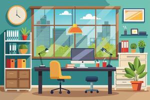 Bright and modern home office with large windows, green plants, and a desk setup, located in an urban environment during the day vector