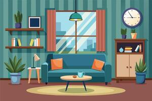 Cozy living room with a modern design featuring plants, a coffee table, a plush sofa, and a large window showcasing a city view vector