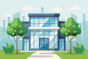 Modern building with large glass windows surrounded by green trees and bushes in a vibrant urban environment during the day vector